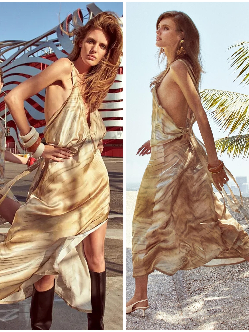 NWT, Zara, Beige Tie-Dye Deep V Sleeveless Midi Dress